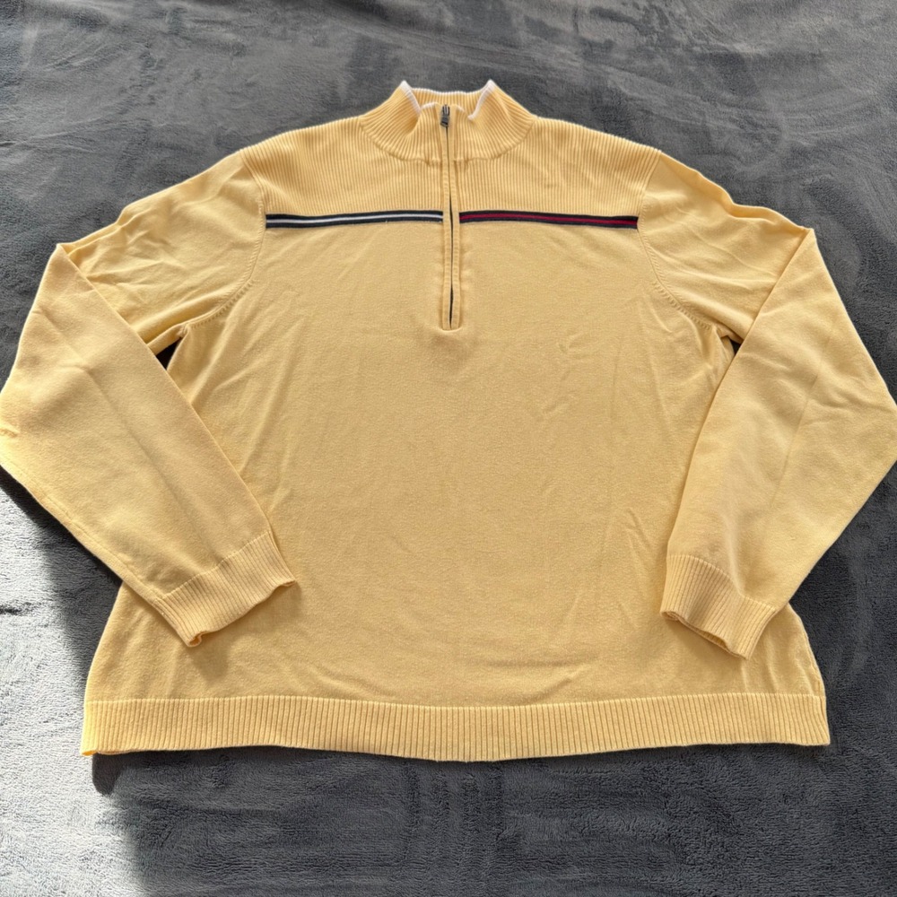 Tommy Hilfiger Men's XL Quarter Zip Sweater Yellow Striped‎ Mock Neck Pullover